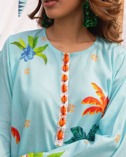 Tropical Bliss Aqua Lawn Kurta Set – Vibrant Summer Collection